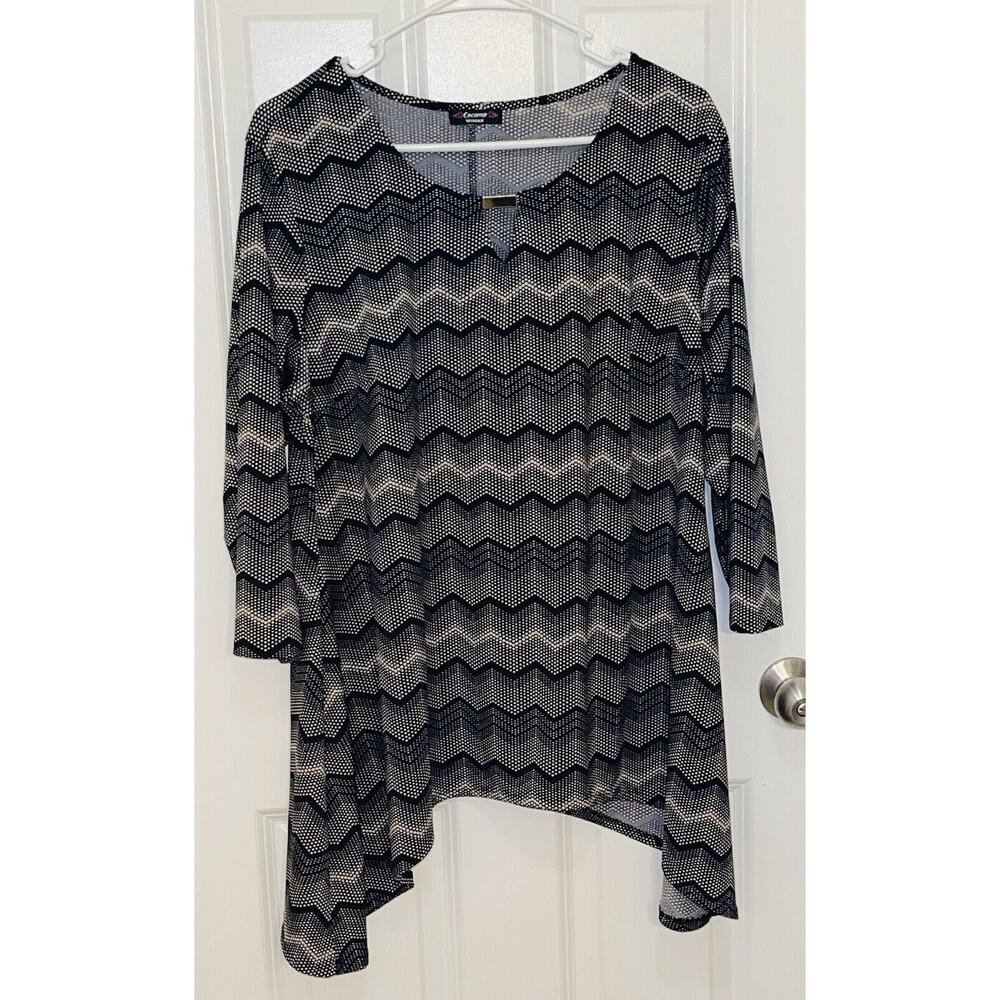 Cocomo Womans Tunic Top Black & Tan 3/4 Sleeve Scoop Neck Measures Plus Size 2X